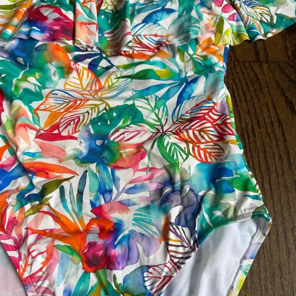 Ralph Lauren LRL Womens Off Shoulder Ruffled One Piece Swim Suit Floral Size 10